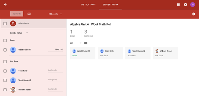 Student status on teacher Google Classroom dashboard